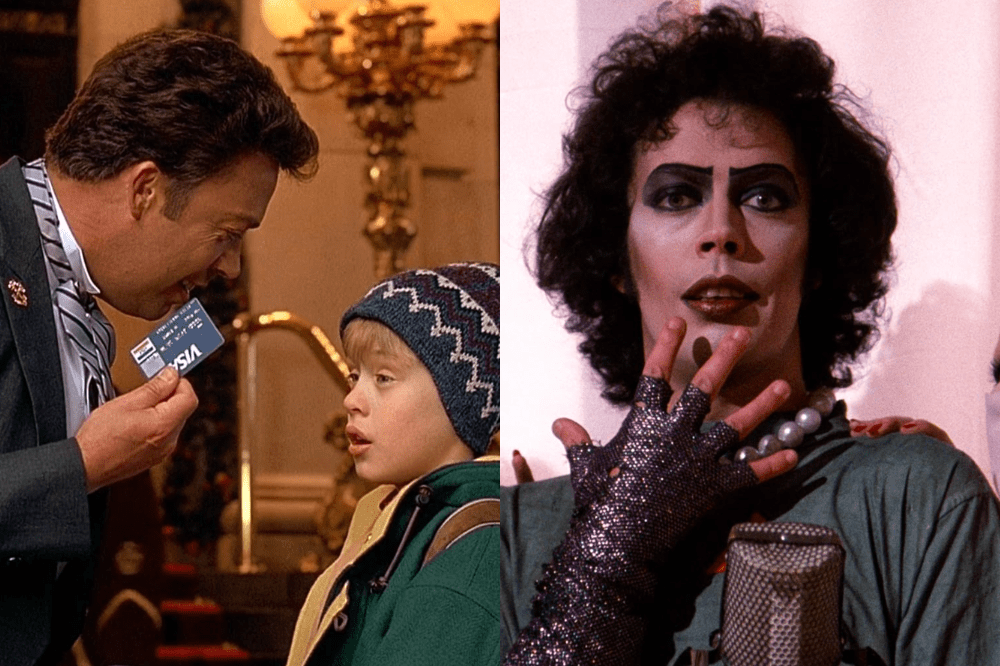 Duas cenas de filmes lado a lado. À esquerda, um homem de terno cheira um cartão Visa para um menino de gorro. À direita, Tim Curry como Dr Frank-N-Furter, com maquiagem pesada, luvas de lantejoulas e colar de pérolas, posa com a mão no queixo