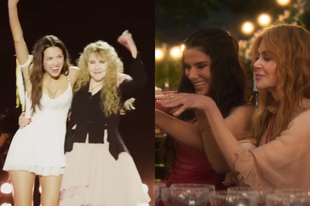 Duas montagens de mulheres sorrindo e dançando. À esquerda, Olivia Rodrigo de vestido branco e Stevie Nicks de preto e saia bege, braços erguidos. À direita, duas mulheres, uma de vestido vermelho e outra de blusa pêssego, brindam em festa noturna com luzes ao fundo