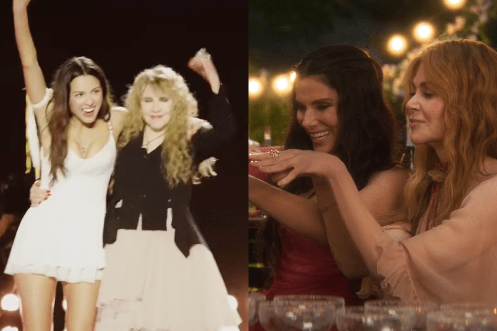 Duas montagens de mulheres sorrindo e dançando. À esquerda, Olivia Rodrigo de vestido branco e Stevie Nicks de preto e saia bege, braços erguidos. À direita, duas mulheres, uma de vestido vermelho e outra de blusa pêssego, brindam em festa noturna com luzes ao fundo