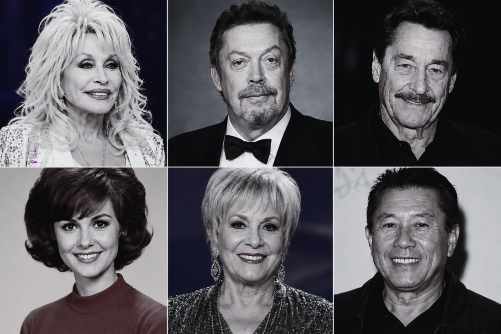 Seis retratos em preto e branco de celebridades: Dolly Parton sorrindo com cabelos loiros volumosos; Tim Curry de smoking e barba; Robert Forster com bigode; Natalie Wood jovem com cabelo curto e sorriso; Betty White idosa com cabelo curto e brincos; e Pat Morita sorrindo