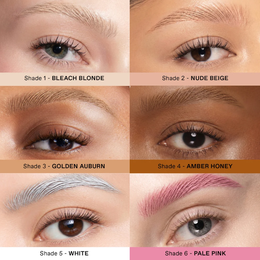 Seis close-ups de olhos e sobrancelhas, mostrando diferentes tons de maquiagem. Da esquerda para a direita, de cima para baixo: sobrancelha loira clara, bege nude, ruiva dourada, mel âmbar, branca e rosa pálido