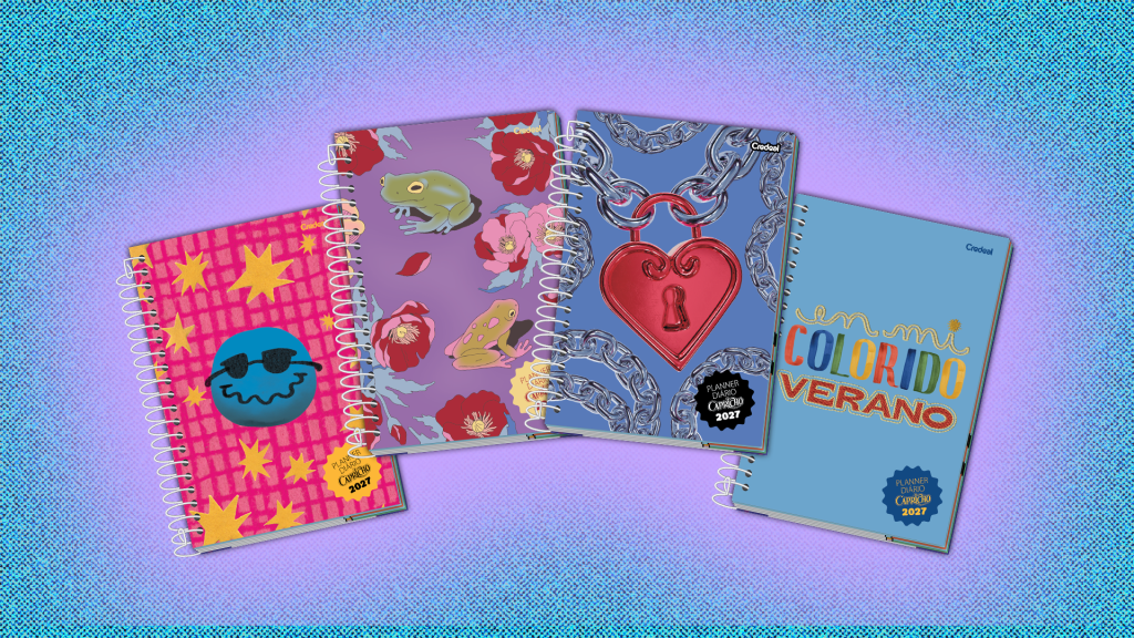 Quatro cadernos de capa dura com espiral, cada um com um design diferente. O primeiro é rosa com estrelas amarelas e um rosto azul de óculos escuros. O segundo é roxo com sapos e flores. O terceiro é azul com correntes prateadas e um cadeado vermelho em formato de coração. O quarto é azul claro com a frase En mi colorido verano em letras coloridas