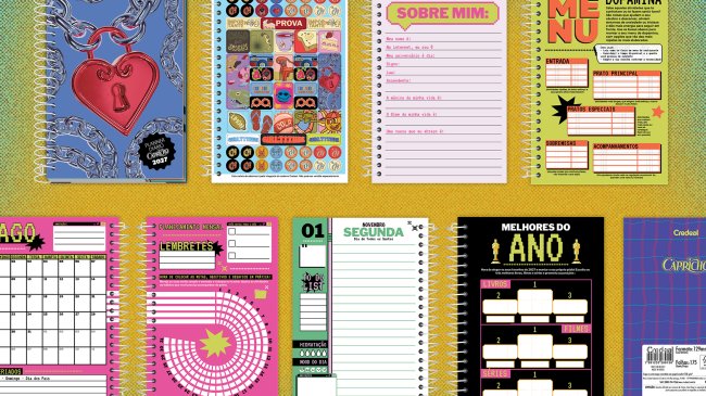 Vários layouts de páginas de um planner Capricho 2027, incluindo capa azul com corrente e cadeado de coração, página de adesivos, Sobre Mim, Menu, calendário de agosto, Lembretes, página diária de novembro, Melhores do Ano e contracapa xadrez