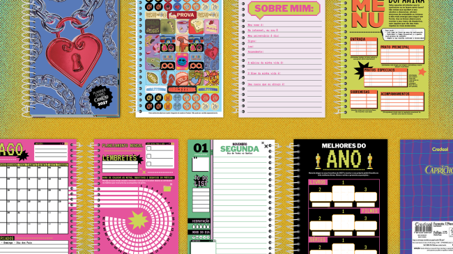 Vários layouts de páginas de um planner Capricho 2027, incluindo capa azul com corrente e cadeado de coração, página de adesivos, Sobre Mim, Menu, calendário de agosto, Lembretes, página diária de novembro, Melhores do Ano e contracapa xadrez