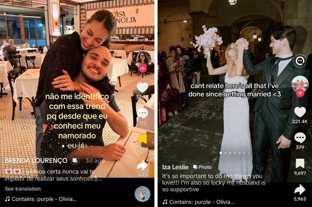 Duas telas de celular lado a lado exibindo vídeos do TikTok. À esquerda, um casal sorridente se abraça em um restaurante, com a mulher por trás do homem. O texto sobreposto diz: não me identifico com essa trend pq desde que eu conheci meu namorado eu já:. À direita, um casal recém-casado, a mulher de vestido branco e o homem de terno escuro, levanta os braços com um buquê, caminhando em um ambiente festivo. O texto sobreposto diz: cant relate heres all that ive done since getting married <3. Ambos os vídeos mostram ícones de curtidas, comentários e compartilhamentos